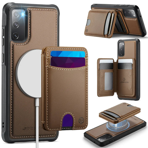 JEEHOOD For Samsung Galaxy S20 FE Case  J10 Magnetic Case Leather Back Phone Cover with Detachable Card Holder Kickstand - Brown - 1