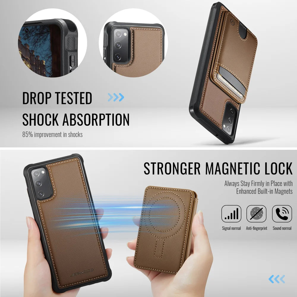 JEEHOOD For Samsung Galaxy S20 FE Case  J10 Magnetic Case Leather Back Phone Cover with Detachable Card Holder Kickstand - Brown - 3