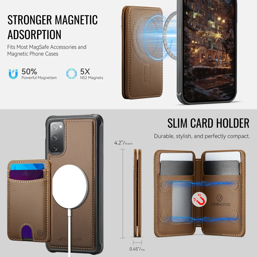 JEEHOOD For Samsung Galaxy S20 FE Case  J10 Magnetic Case Leather Back Phone Cover with Detachable Card Holder Kickstand - Brown - 6