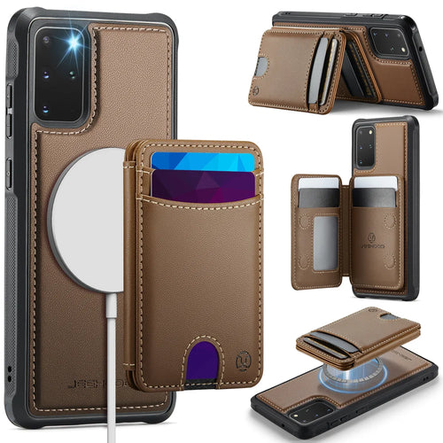 JEEHOOD For Samsung Galaxy S20 Plus 4G Case  J10  Magnetic Case Leather Back Phone Cover with Detachable Card Holder Kickstand - Brown - 1