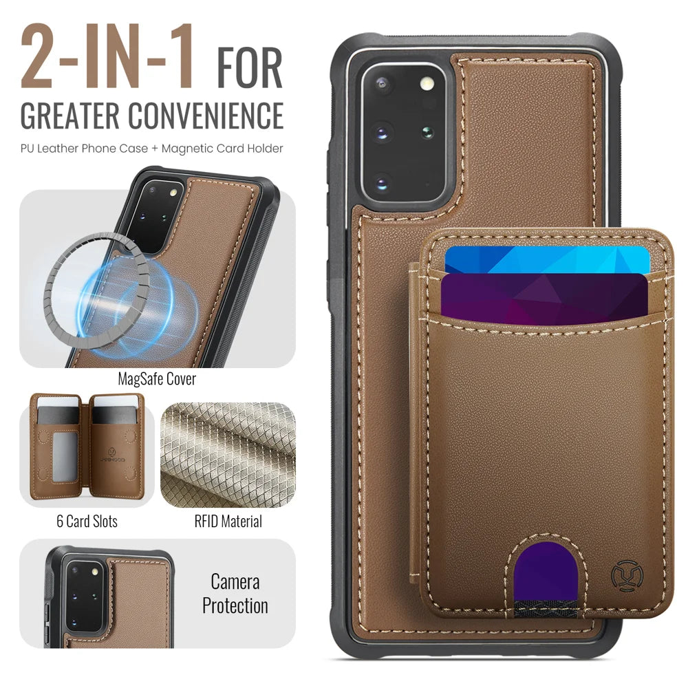 JEEHOOD For Samsung Galaxy S20 Plus 4G Case  J10  Magnetic Case Leather Back Phone Cover with Detachable Card Holder Kickstand - Brown - 2