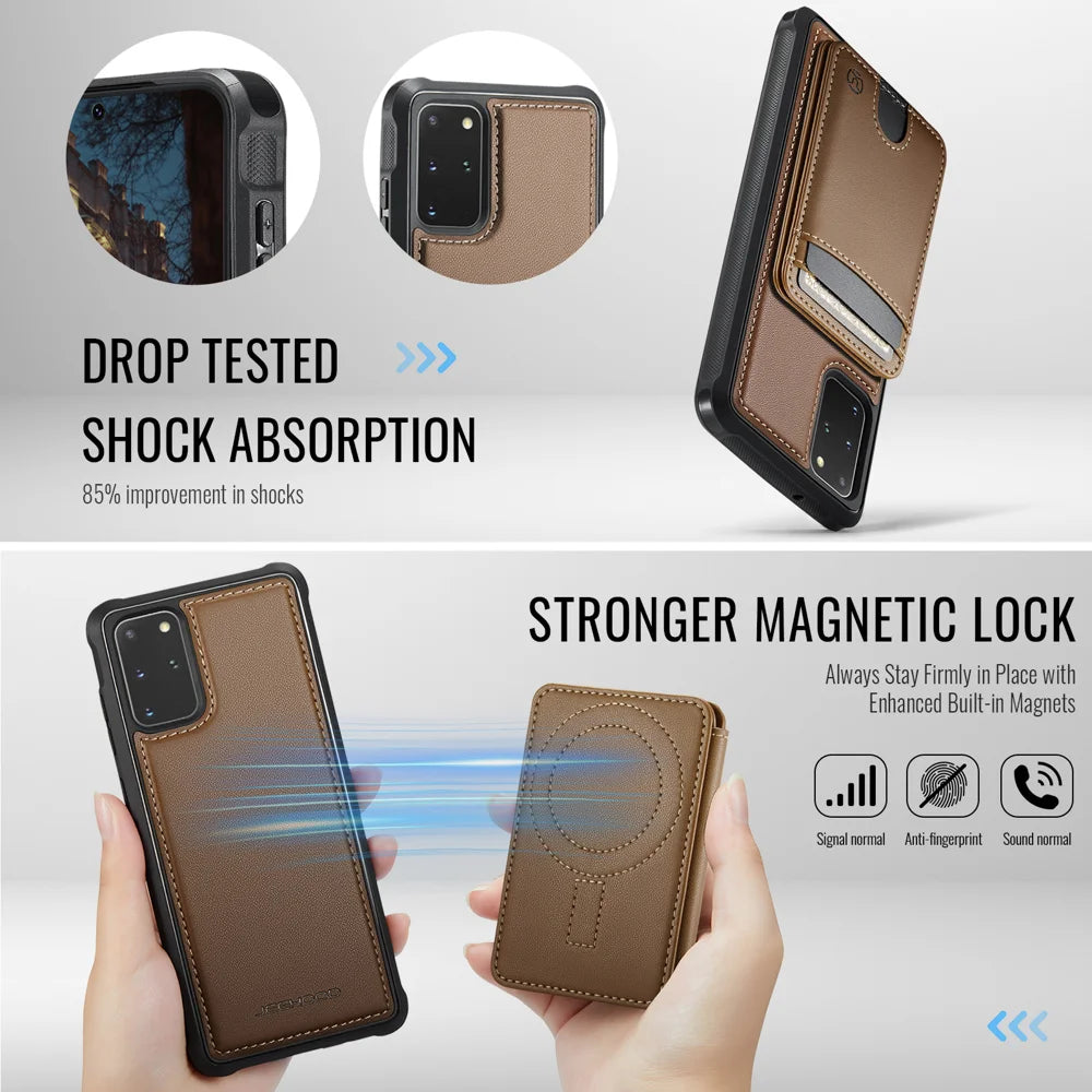 JEEHOOD For Samsung Galaxy S20 Plus 4G Case  J10  Magnetic Case Leather Back Phone Cover with Detachable Card Holder Kickstand - Brown - 3