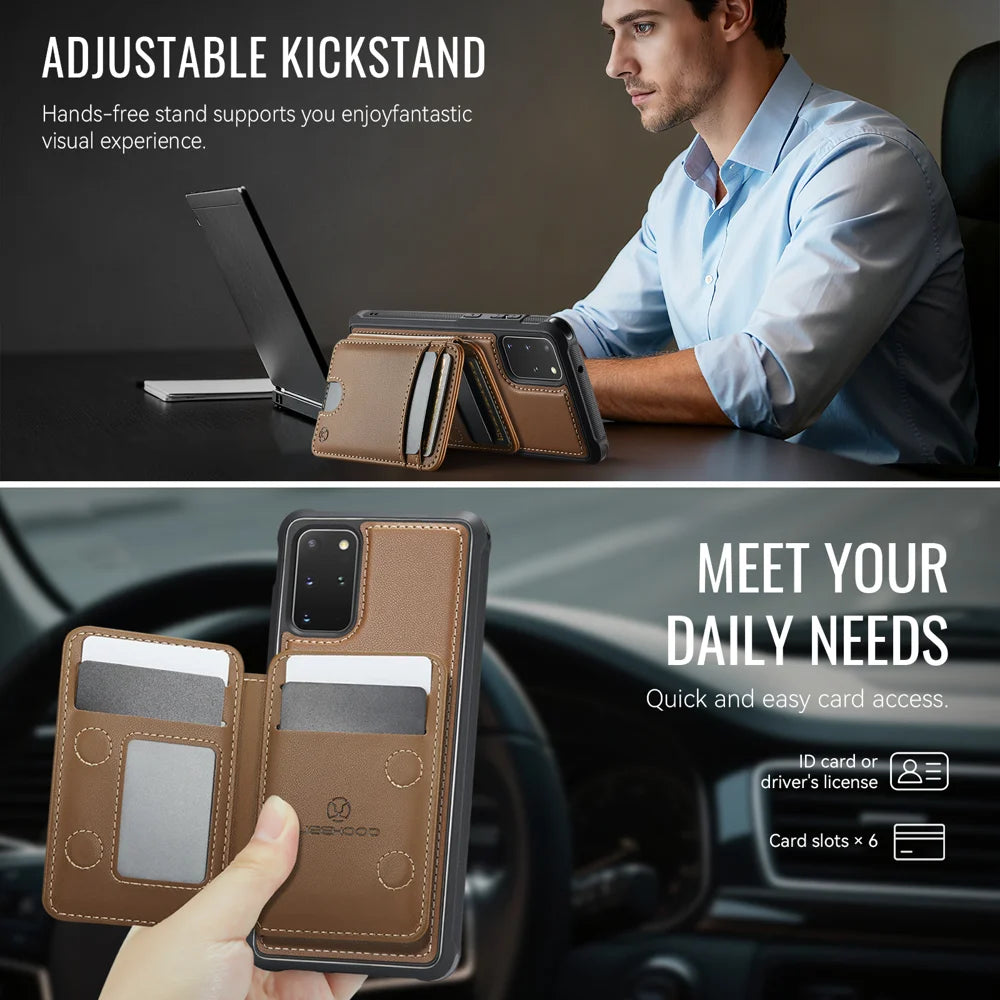 JEEHOOD For Samsung Galaxy S20 Plus 4G Case  J10  Magnetic Case Leather Back Phone Cover with Detachable Card Holder Kickstand - Brown - 4