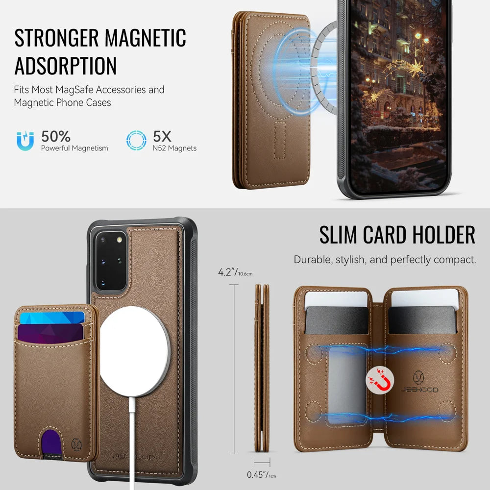 JEEHOOD For Samsung Galaxy S20 Plus 4G Case  J10  Magnetic Case Leather Back Phone Cover with Detachable Card Holder Kickstand - Brown - 6
