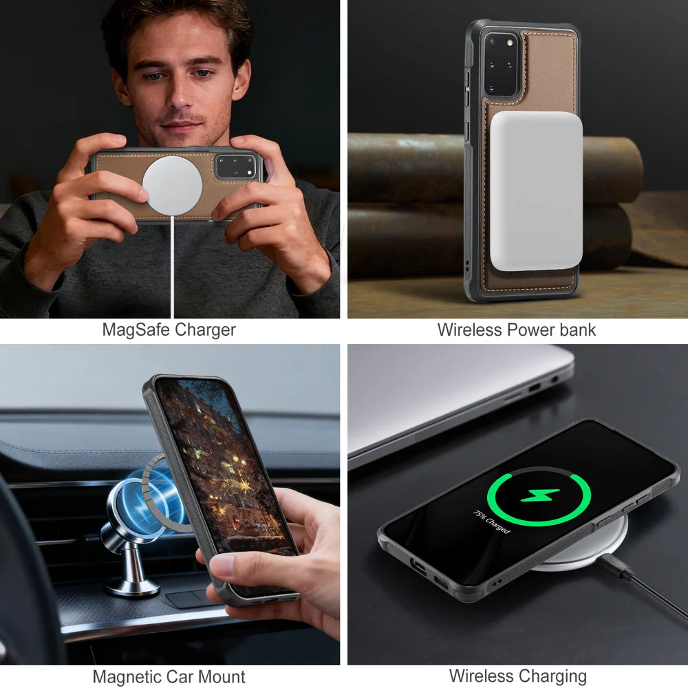 JEEHOOD For Samsung Galaxy S20 Plus 4G Case  J10  Magnetic Case Leather Back Phone Cover with Detachable Card Holder Kickstand - Brown - 7