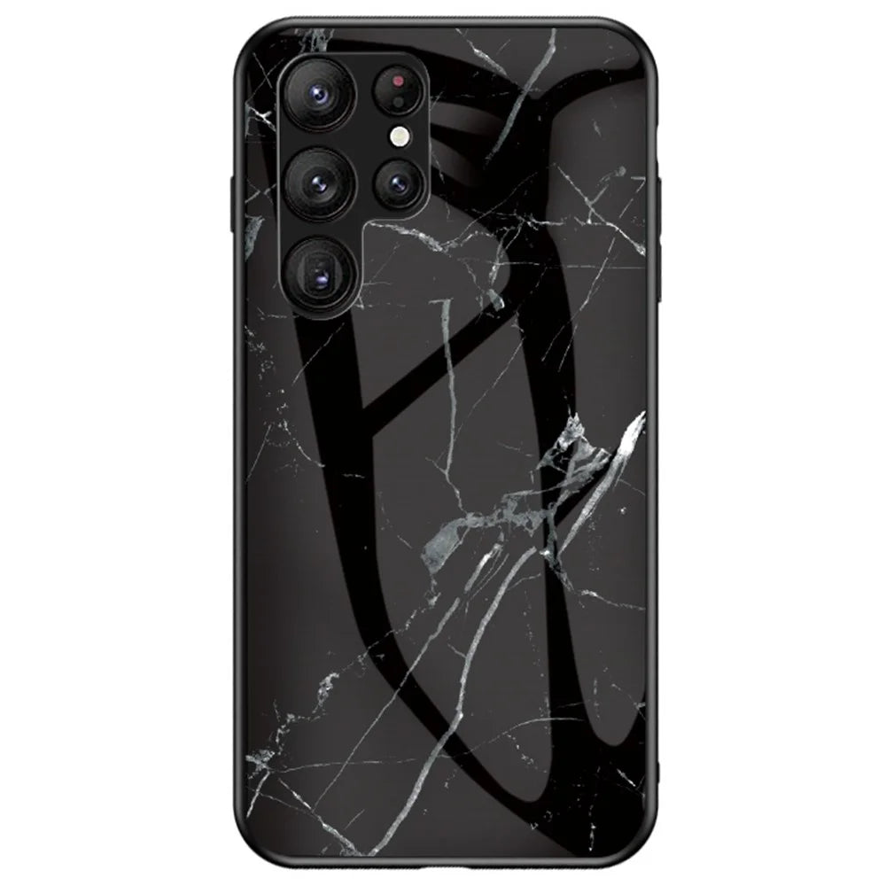 For Samsung Galaxy S23 Ultra Anti-Scratch Marble Pattern Printing Phone Case Hybrid Tempered Glass + PC +TPU Frame Back Cover - Black Marble - 1