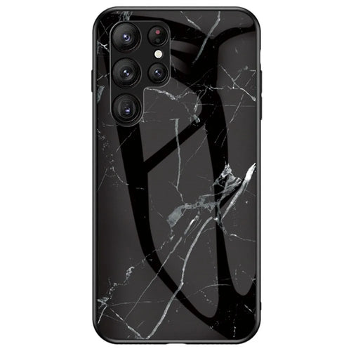For Samsung Galaxy S23 Ultra Anti-Scratch Marble Pattern Printing Phone Case Hybrid Tempered Glass + PC +TPU Frame Back Cover - Black Marble - 1