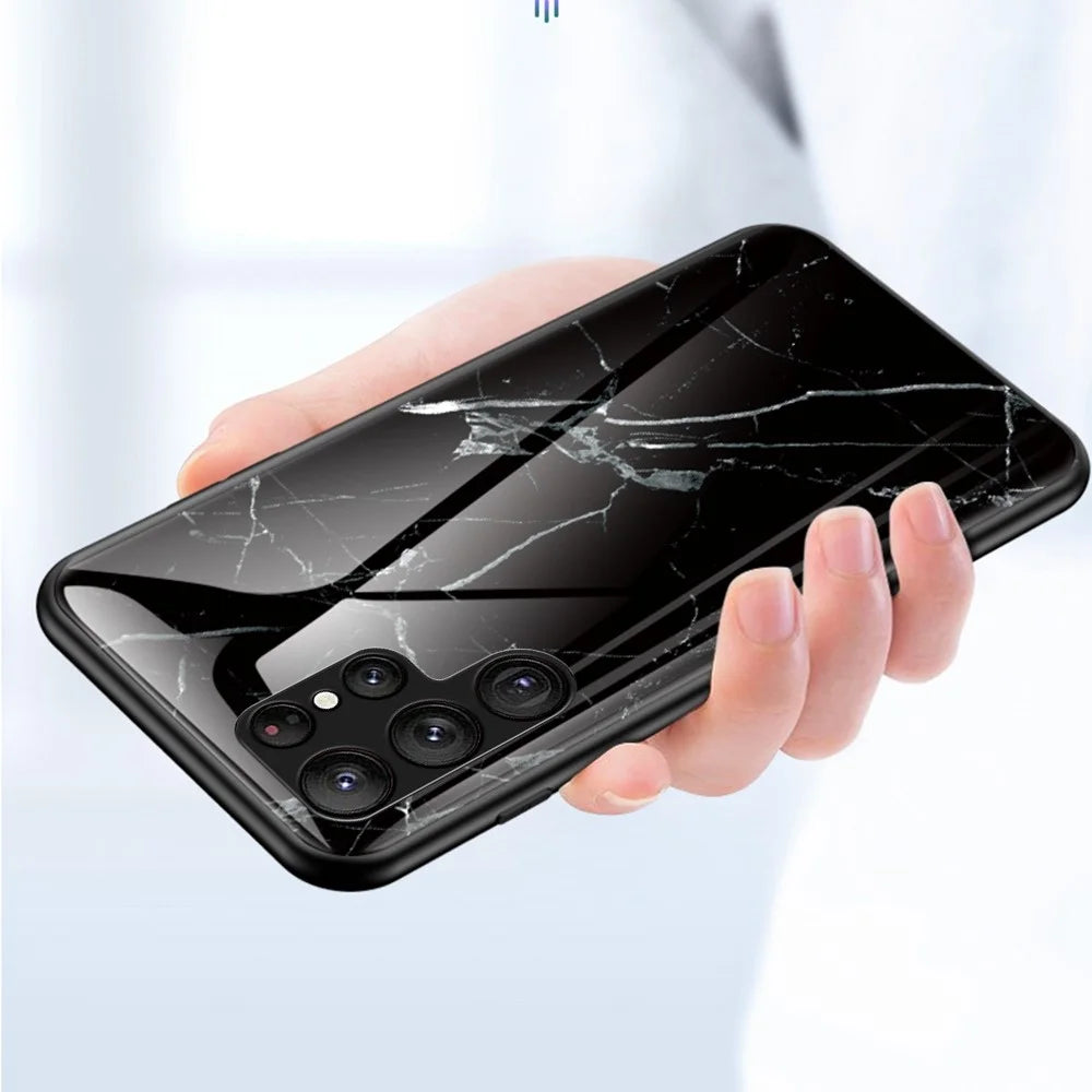 For Samsung Galaxy S23 Ultra Anti-Scratch Marble Pattern Printing Phone Case Hybrid Tempered Glass + PC +TPU Frame Back Cover - Black Marble - 2