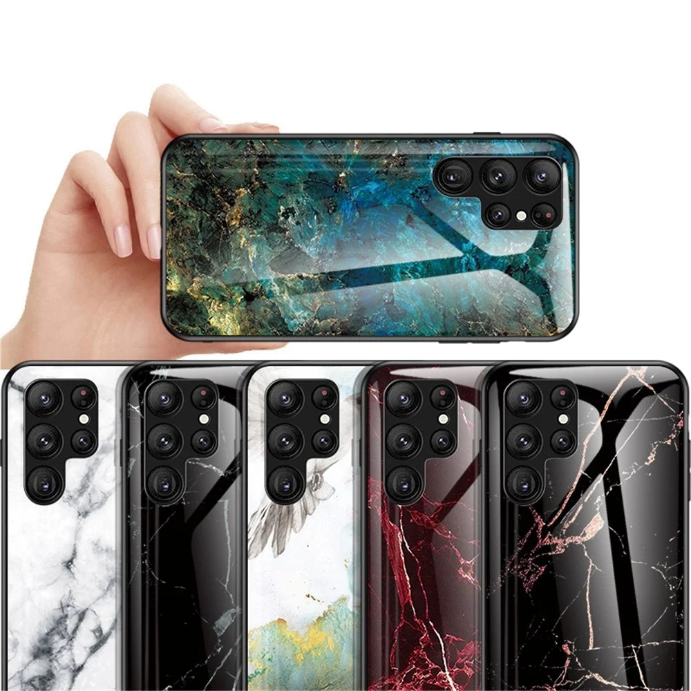 For Samsung Galaxy S23 Ultra Anti-Scratch Marble Pattern Printing Phone Case Hybrid Tempered Glass + PC +TPU Frame Back Cover - Black Marble - 4