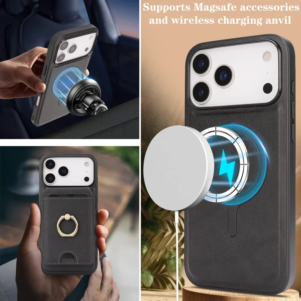 For iPhone 17 Pro Max Case Detachable Card Bag Compatible with MagSafe PU Leather Coated TPU Cover with Ring Kickstand - Black - 3