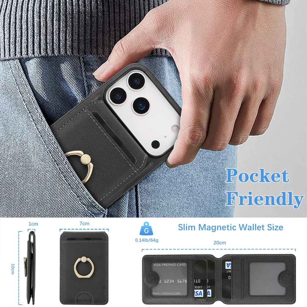 For iPhone 17 Pro Max Case Detachable Card Bag Compatible with MagSafe PU Leather Coated TPU Cover with Ring Kickstand - Black - 6