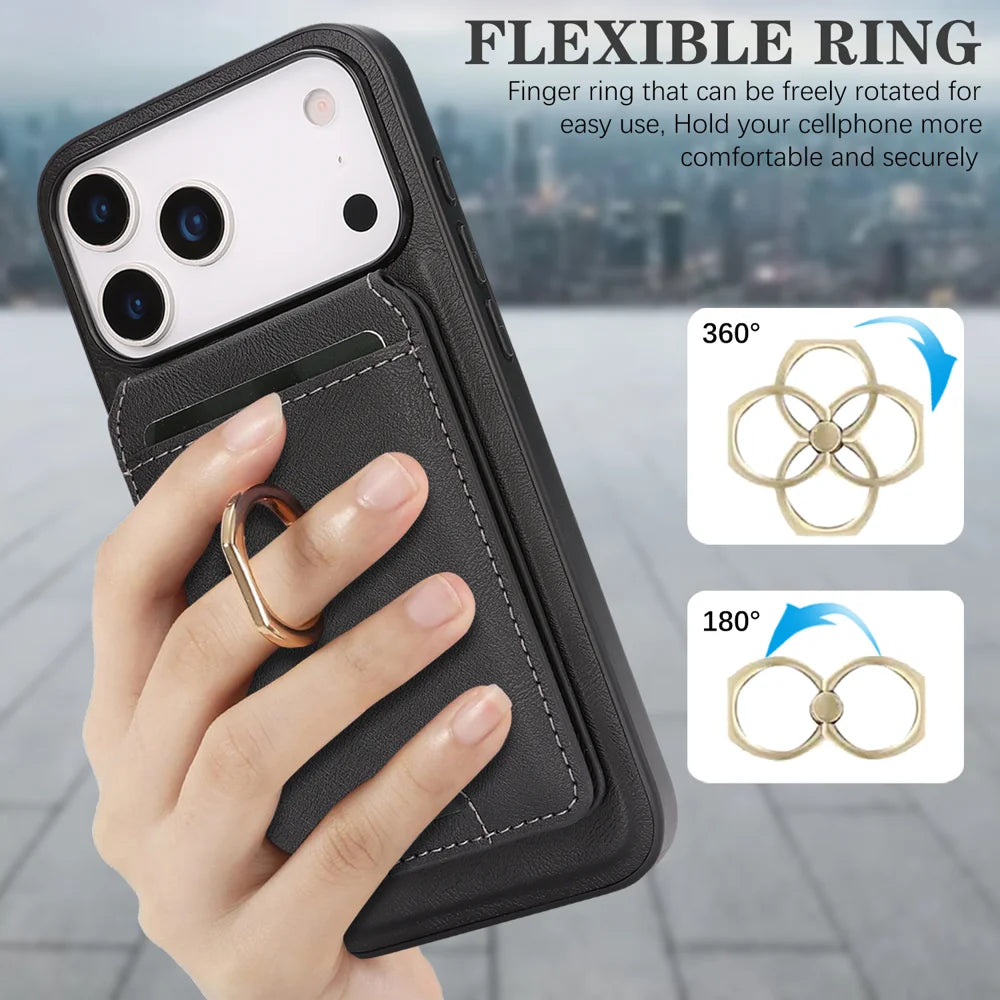 For iPhone 17 Pro Max Case Detachable Card Bag Compatible with MagSafe PU Leather Coated TPU Cover with Ring Kickstand - Black - 7