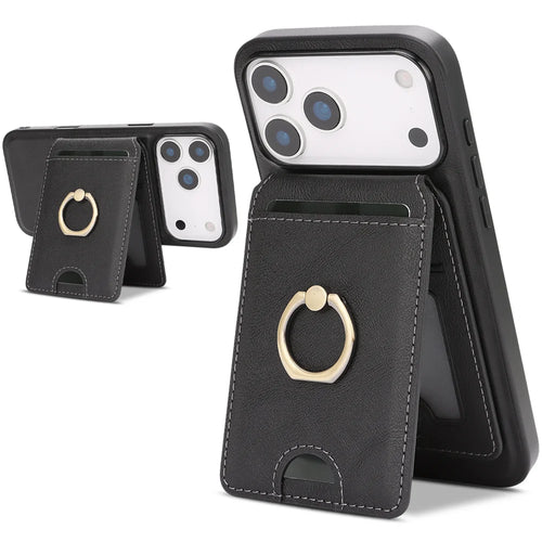 For iPhone 17 Pro Case Detachable Card Bag Compatible with MagSafe PU Leather Coated TPU Cover with Ring Kickstand - Black - 1