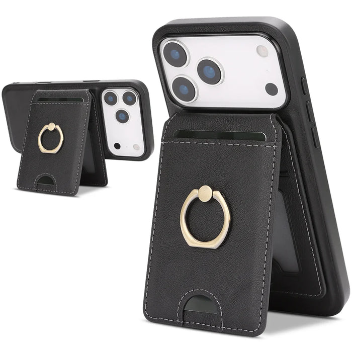 For iPhone 17 Pro Case Detachable Card Bag Compatible with MagSafe PU Leather Coated TPU Cover with Ring Kickstand - Black - 1