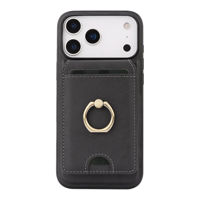 For iPhone 17 Pro Case Detachable Card Bag Compatible with MagSafe PU Leather Coated TPU Cover with Ring Kickstand - Black - 2