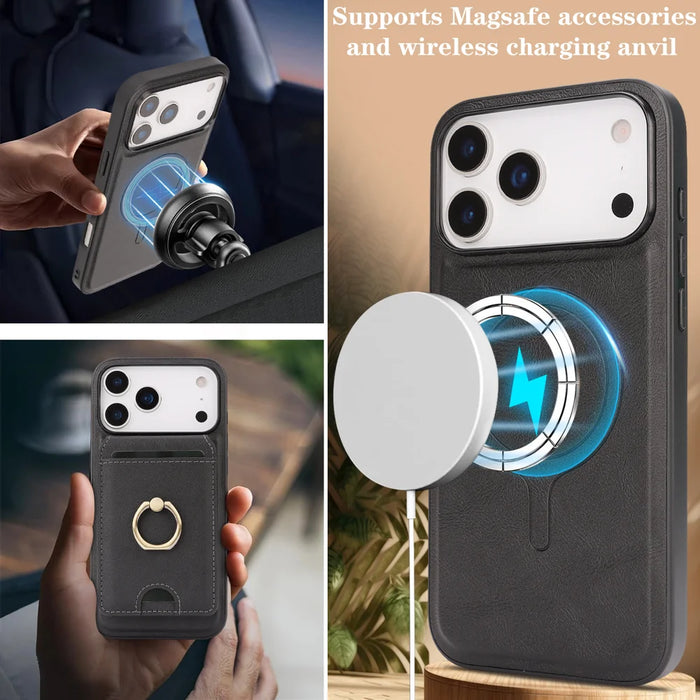 For iPhone 17 Pro Case Detachable Card Bag Compatible with MagSafe PU Leather Coated TPU Cover with Ring Kickstand - Black - 3