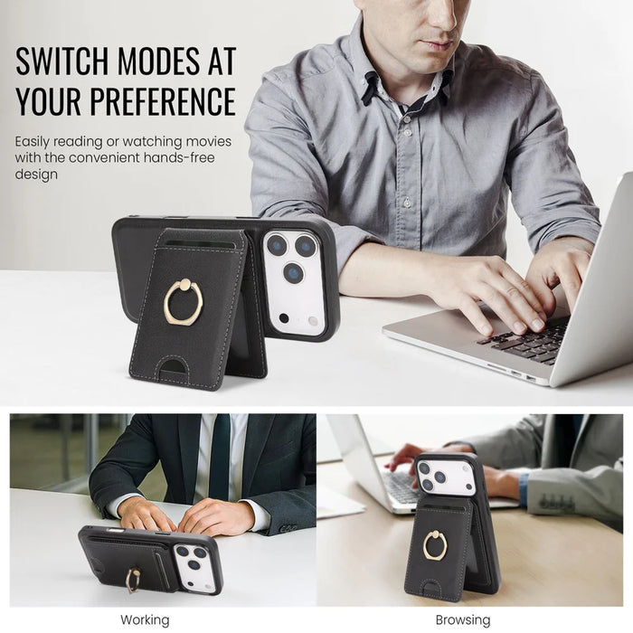 For iPhone 17 Pro Case Detachable Card Bag Compatible with MagSafe PU Leather Coated TPU Cover with Ring Kickstand - Black - 4