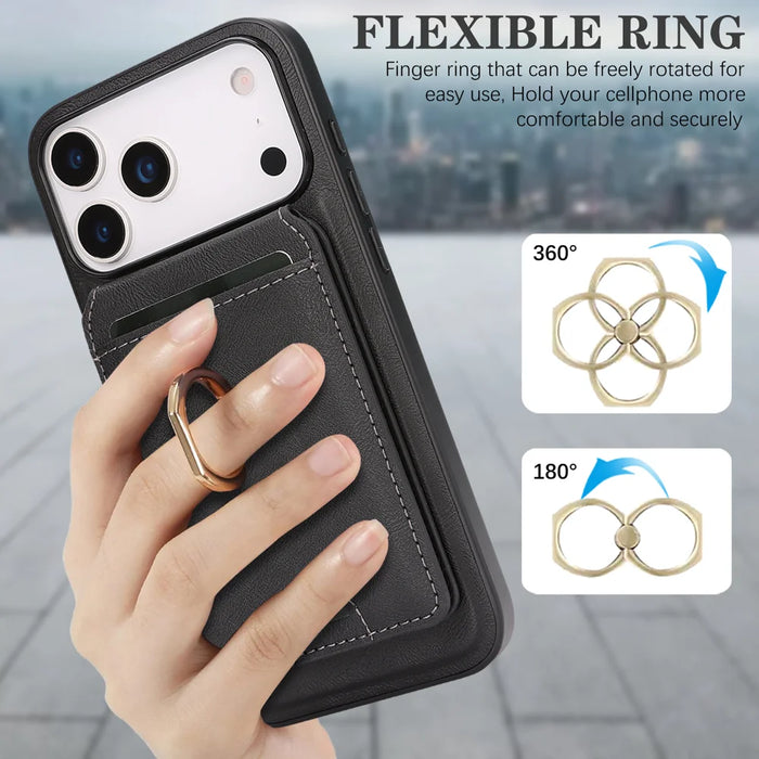 For iPhone 17 Pro Case Detachable Card Bag Compatible with MagSafe PU Leather Coated TPU Cover with Ring Kickstand - Black - 7