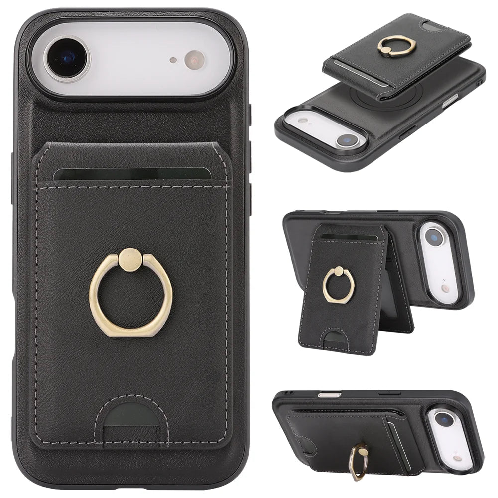 For iPhone Air Case Detachable Card Bag Compatible with MagSafe PU Leather Coated TPU Cover with Ring Kickstand - Black - 1