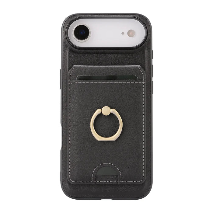 For iPhone Air Case Detachable Card Bag Compatible with MagSafe PU Leather Coated TPU Cover with Ring Kickstand - Black - 2