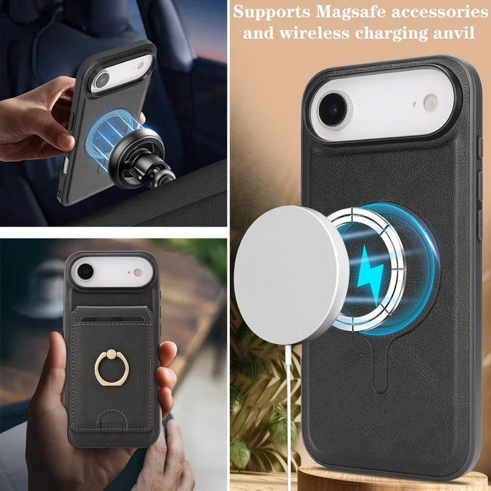 For iPhone Air Case Detachable Card Bag Compatible with MagSafe PU Leather Coated TPU Cover with Ring Kickstand - Black - 3