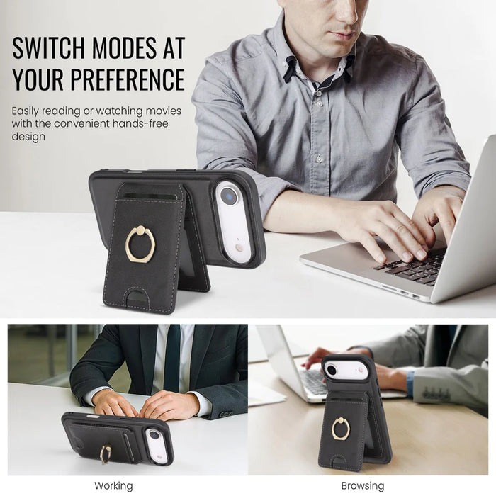 For iPhone Air Case Detachable Card Bag Compatible with MagSafe PU Leather Coated TPU Cover with Ring Kickstand - Black - 4