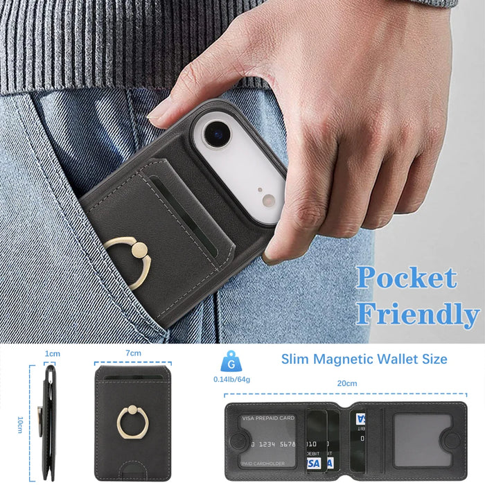 For iPhone Air Case Detachable Card Bag Compatible with MagSafe PU Leather Coated TPU Cover with Ring Kickstand - Black - 6