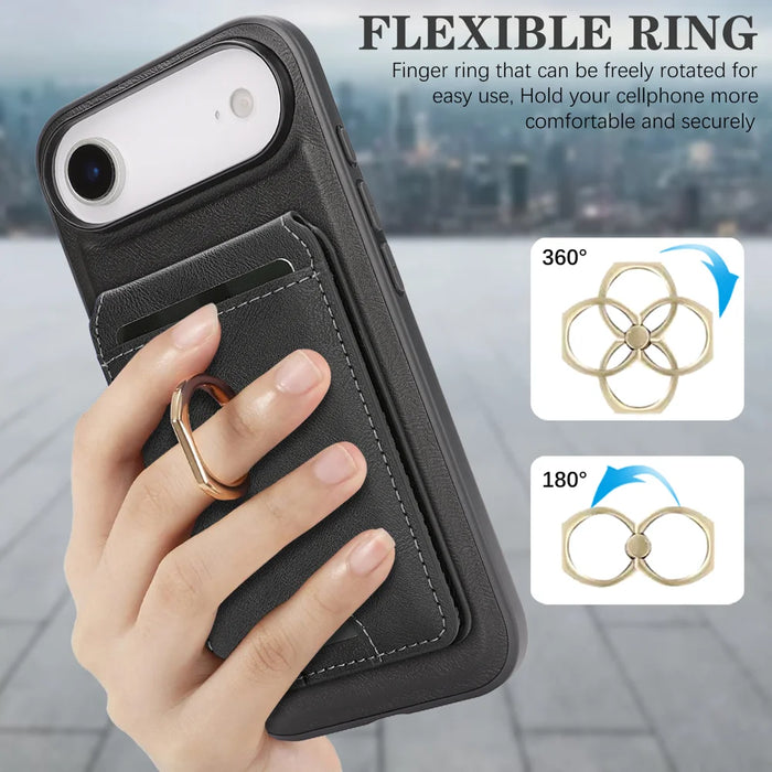 For iPhone Air Case Detachable Card Bag Compatible with MagSafe PU Leather Coated TPU Cover with Ring Kickstand - Black - 7