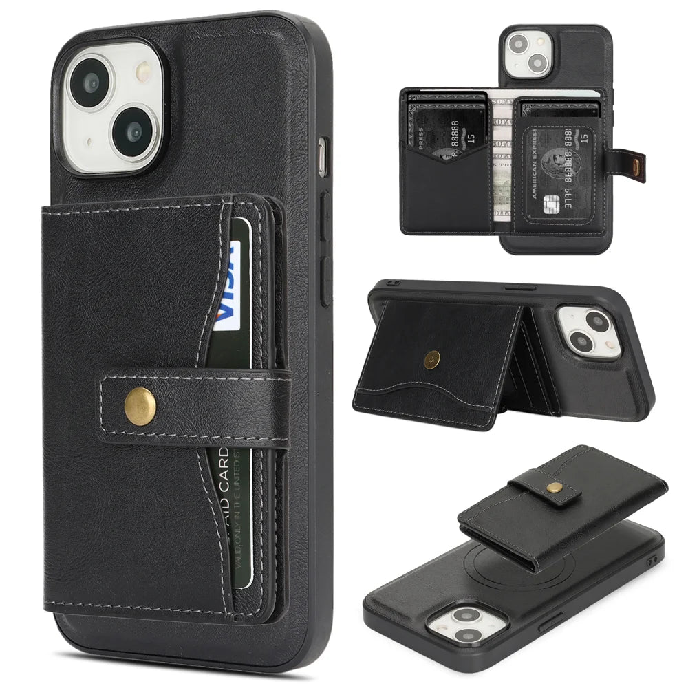 For iPhone 13 Kickstand Case Detachable Card Bag Compatible with MagSafe PU Leather Coated TPU Phone Cover - Black - 1
