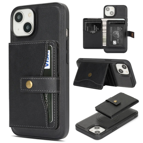 For iPhone 13 Kickstand Case Detachable Card Bag Compatible with MagSafe PU Leather Coated TPU Phone Cover - Black - 1