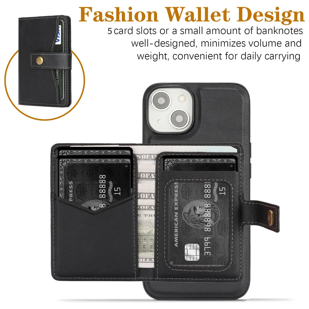 For iPhone 13 Kickstand Case Detachable Card Bag Compatible with MagSafe PU Leather Coated TPU Phone Cover - Black - 2