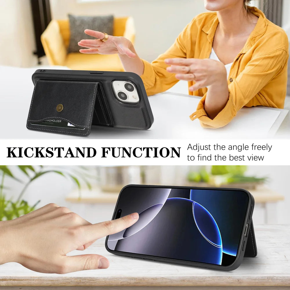 For iPhone 13 Kickstand Case Detachable Card Bag Compatible with MagSafe PU Leather Coated TPU Phone Cover - Black - 3