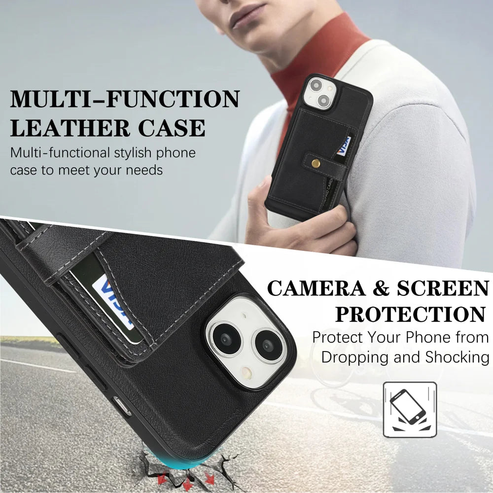 For iPhone 13 Kickstand Case Detachable Card Bag Compatible with MagSafe PU Leather Coated TPU Phone Cover - Black - 4