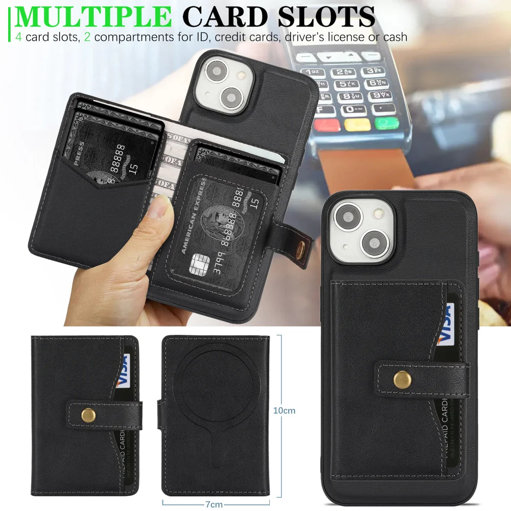 For iPhone 14 Kickstand Case Detachable Card Bag Compatible with MagSafe PU Leather Coated TPU Phone Cover - Black - 5