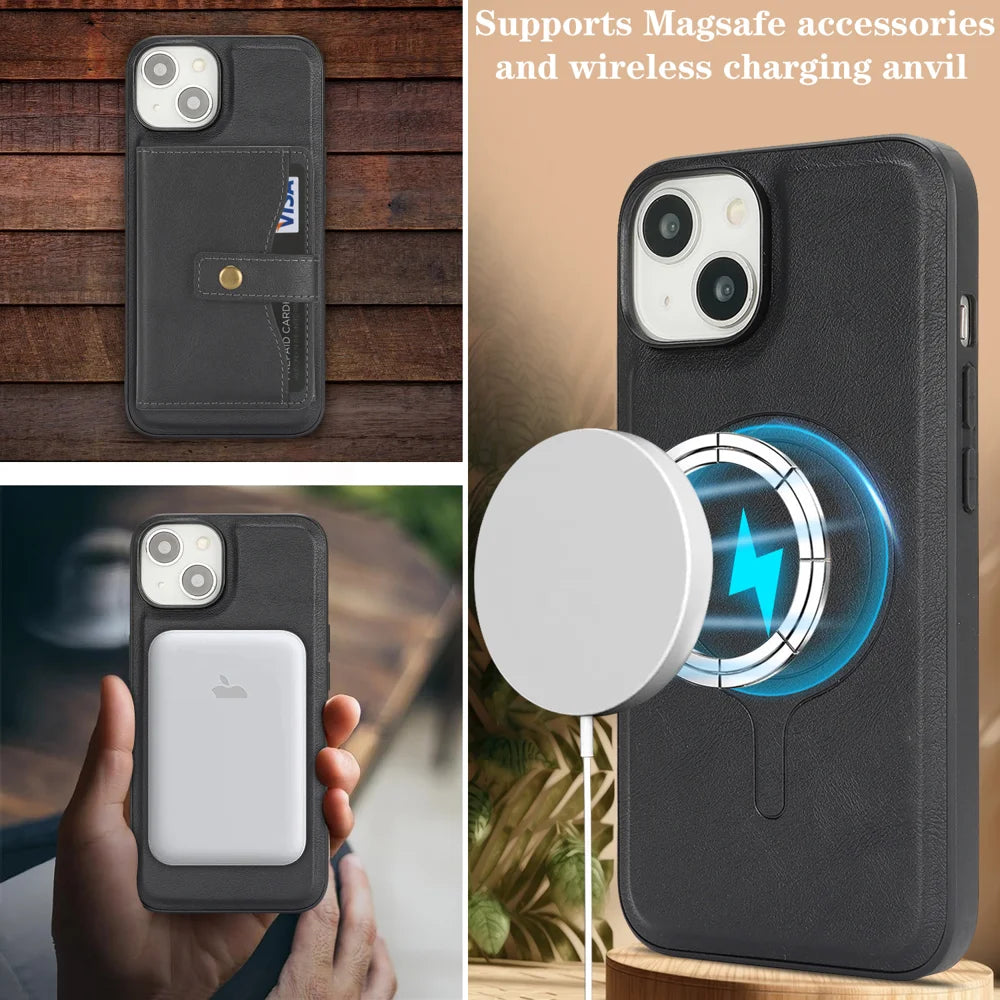 For iPhone 14 Kickstand Case Detachable Card Bag Compatible with MagSafe PU Leather Coated TPU Phone Cover - Black - 6