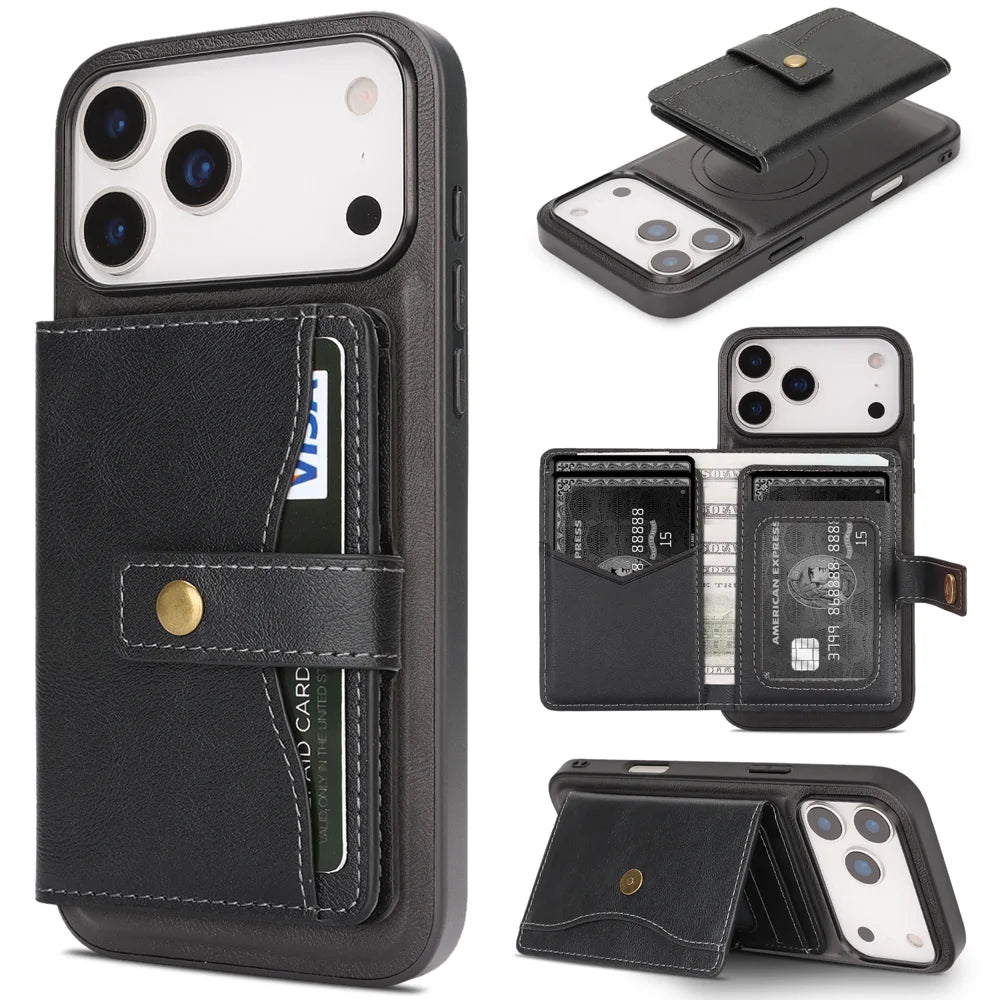 For iPhone 17 Pro Max Kickstand Case Detachable Card Bag Compatible with MagSafe PU Leather Coated TPU Phone Cover - Black - 1
