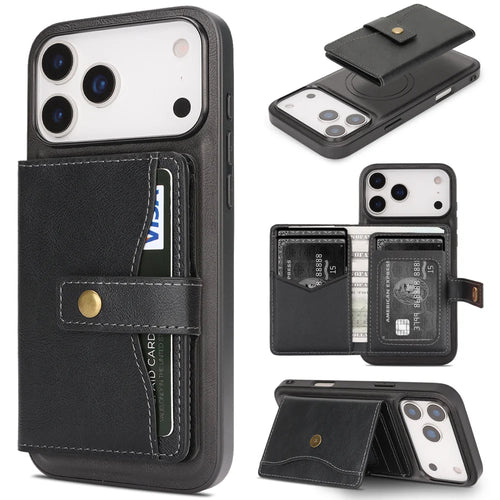 For iPhone 17 Pro Max Kickstand Case Detachable Card Bag Compatible with MagSafe PU Leather Coated TPU Phone Cover - Black - 1