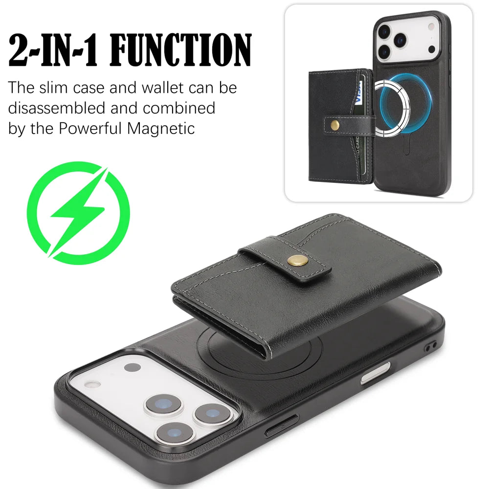 For iPhone 17 Pro Max Kickstand Case Detachable Card Bag Compatible with MagSafe PU Leather Coated TPU Phone Cover - Black - 3