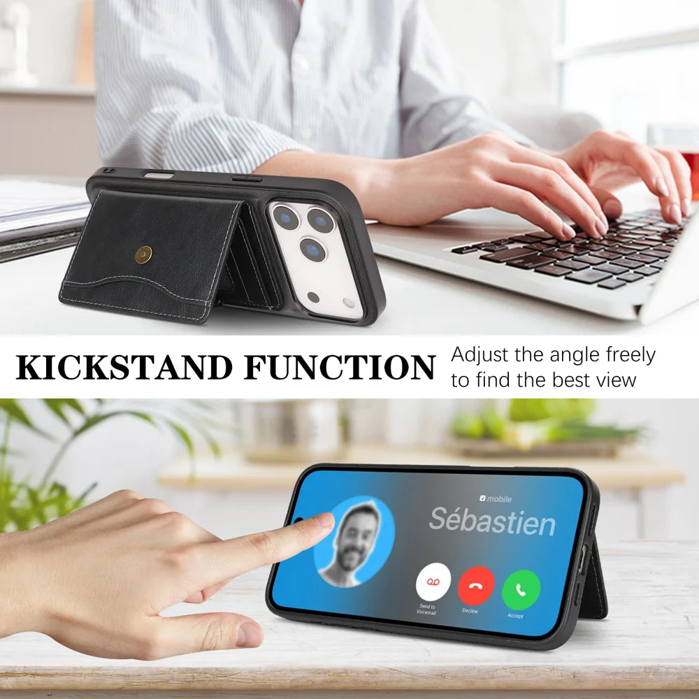 For iPhone 17 Pro Max Kickstand Case Detachable Card Bag Compatible with MagSafe PU Leather Coated TPU Phone Cover - Black - 4
