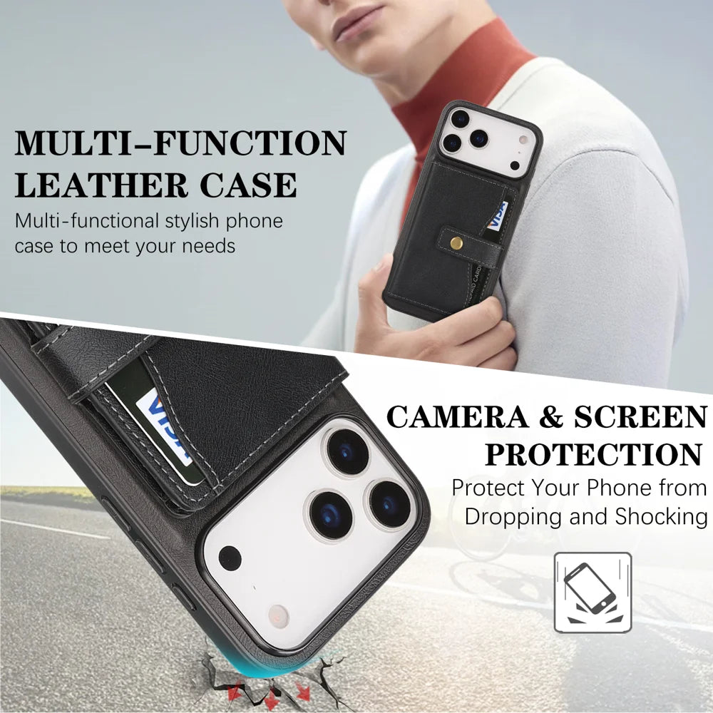 For iPhone 17 Pro Max Kickstand Case Detachable Card Bag Compatible with MagSafe PU Leather Coated TPU Phone Cover - Black - 5