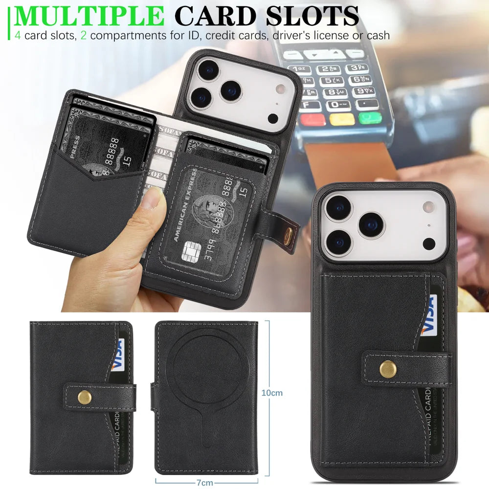 For iPhone 17 Pro Max Kickstand Case Detachable Card Bag Compatible with MagSafe PU Leather Coated TPU Phone Cover - Black - 6