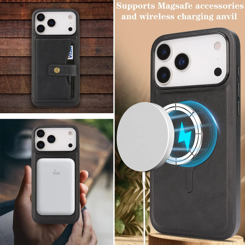 For iPhone 17 Pro Max Kickstand Case Detachable Card Bag Compatible with MagSafe PU Leather Coated TPU Phone Cover - Black - 7