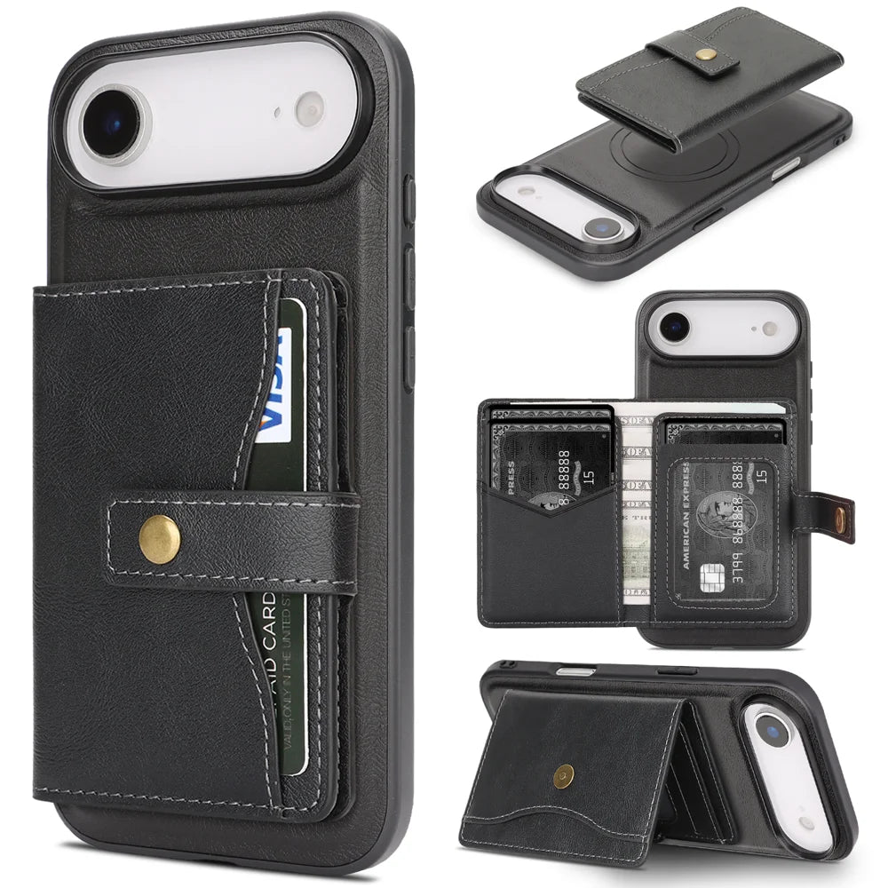 For iPhone Air Kickstand Case Detachable Card Bag Compatible with MagSafe PU Leather Coated TPU Phone Cover - Black - 1