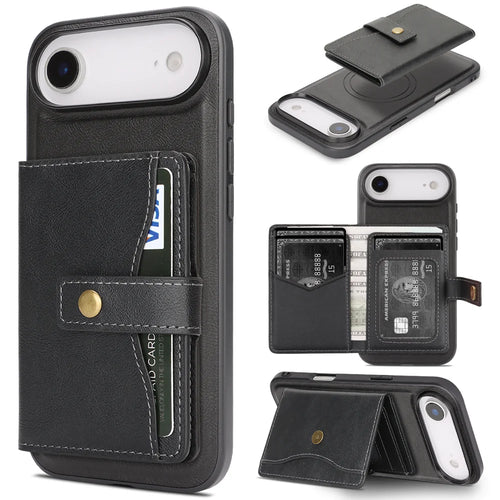 For iPhone Air Kickstand Case Detachable Card Bag Compatible with MagSafe PU Leather Coated TPU Phone Cover - Black - 1