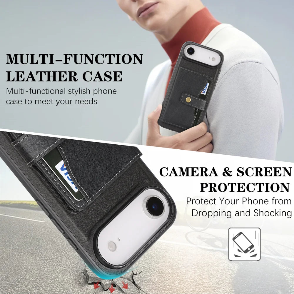 For iPhone Air Kickstand Case Detachable Card Bag Compatible with MagSafe PU Leather Coated TPU Phone Cover - Black - 5