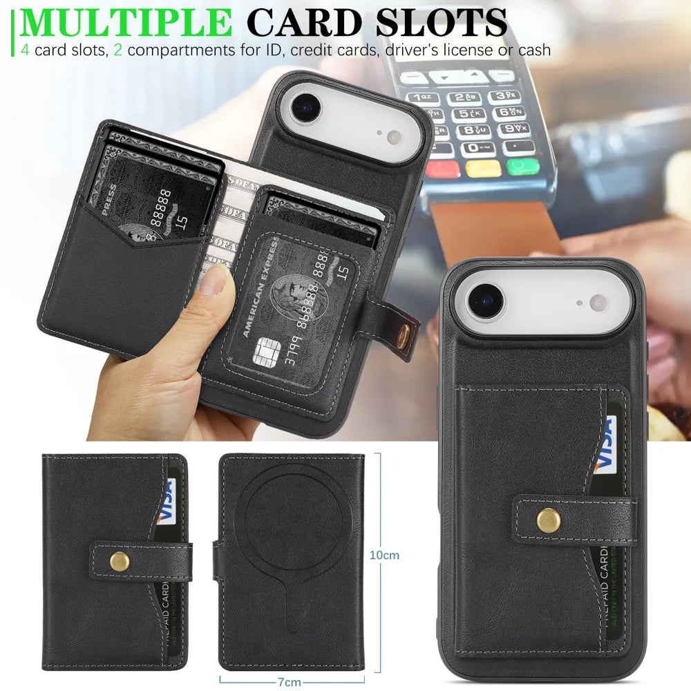 For iPhone Air Kickstand Case Detachable Card Bag Compatible with MagSafe PU Leather Coated TPU Phone Cover - Black - 6