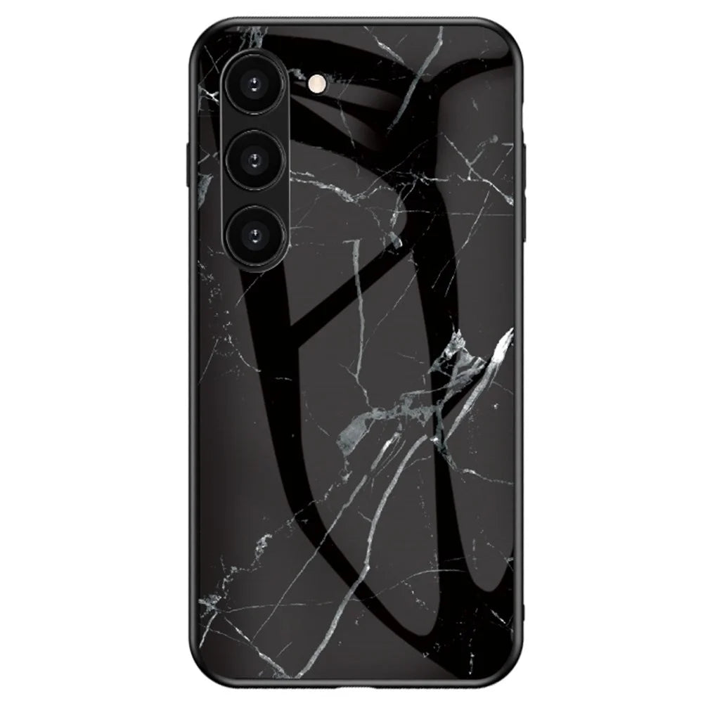 For Samsung Galaxy S23+ Marble Pattern Printing Tempered Glass Back Case Shockproof PC +TPU Frame Scratch-Resistant Phone Cover - Black Marble - 1