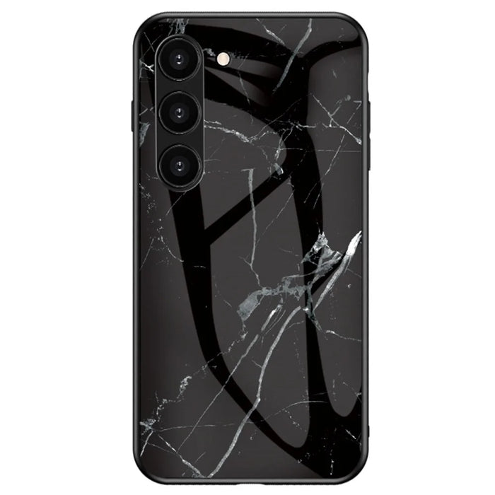 For Samsung Galaxy S23+ Marble Pattern Printing Tempered Glass Back Case Shockproof PC +TPU Frame Scratch-Resistant Phone Cover - Black Marble - 1