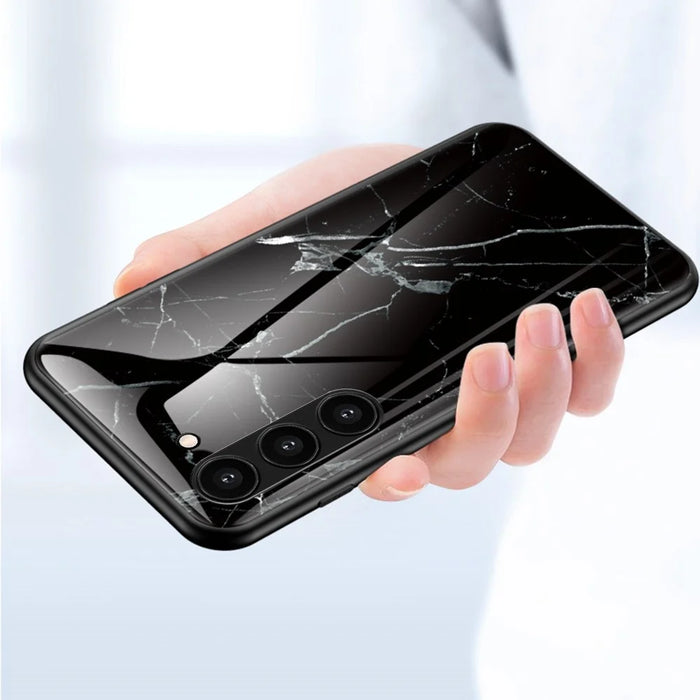 For Samsung Galaxy S23+ Marble Pattern Printing Tempered Glass Back Case Shockproof PC +TPU Frame Scratch-Resistant Phone Cover - Black Marble - 2