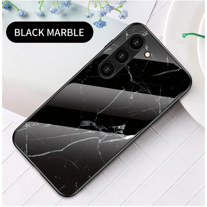 For Samsung Galaxy S23+ Marble Pattern Printing Tempered Glass Back Case Shockproof PC +TPU Frame Scratch-Resistant Phone Cover - Black Marble - 3